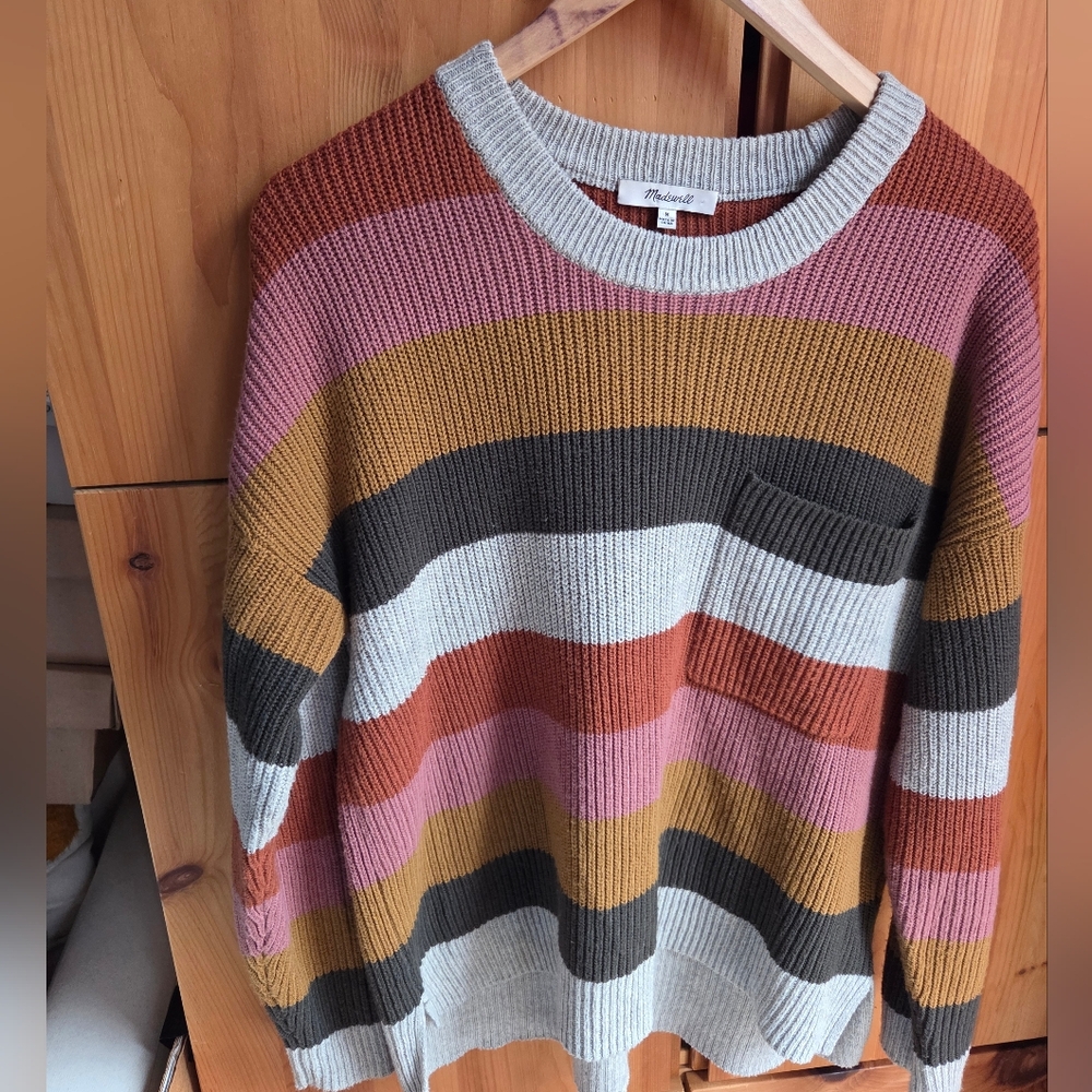 Madewell Women's Ribbed Boxy Hi Low Cotton Blend Sweater In Thompson Stripe M